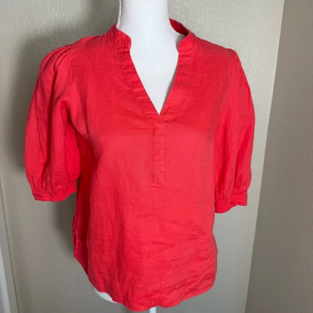 Lilly Pulitzer Womens Mialeigh Elbow Sleeve Top 100% Linen in Cane Corol Size 2